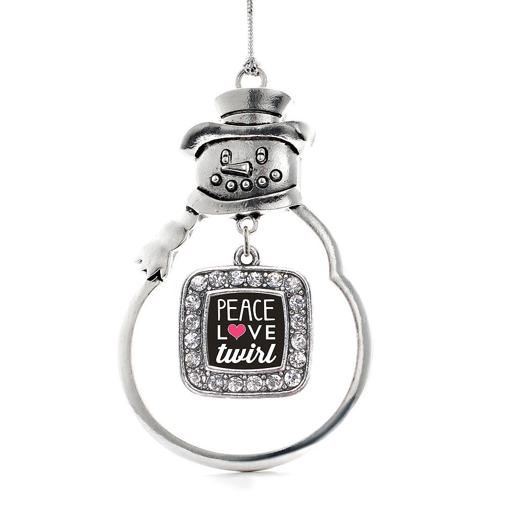 Silver Peace Love Twirl Square Charm Snowman Ornament