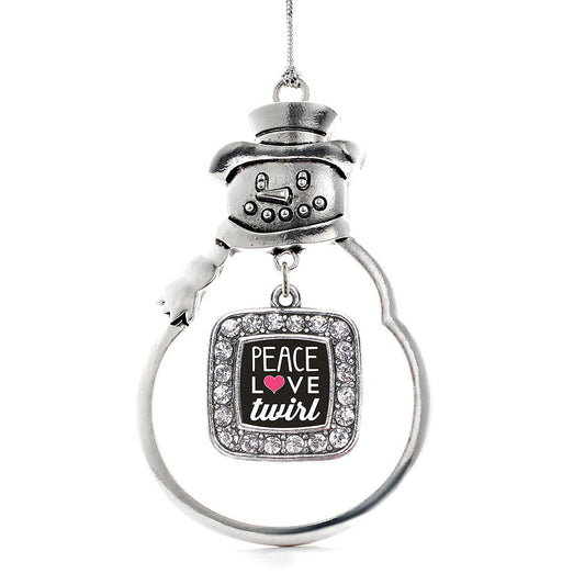 Silver Peace Love Twirl Square Charm Snowman Ornament