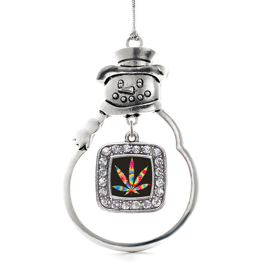 Silver Tie Dye Marijuana Leaf Square Charm Snowman Ornament