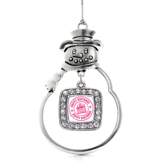 Silver Happy Birthday Square Charm Snowman Ornament