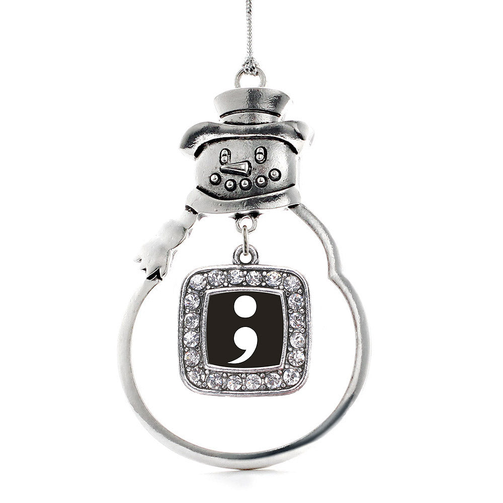 Silver Semicolon Movement Square Charm Snowman Ornament