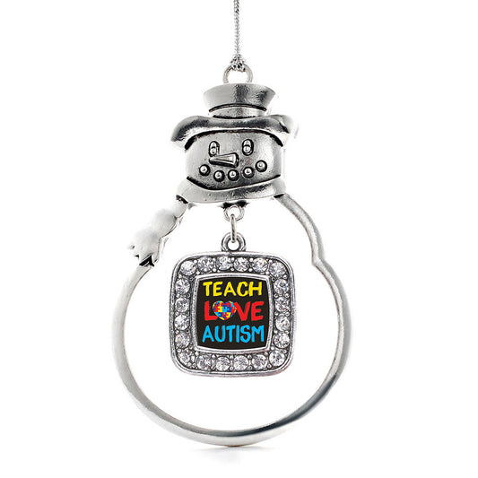 Silver Teach Love Autism Awareness Square Charm Snowman Ornament