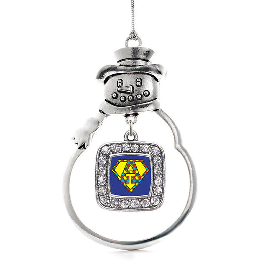 Silver Super Autism Awareness Square Charm Snowman Ornament