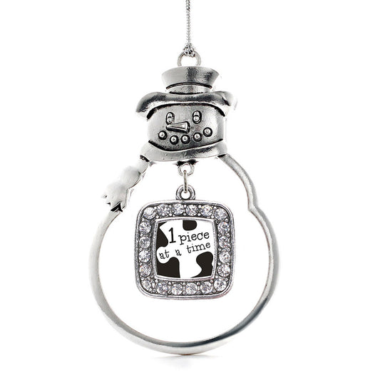 Silver One Piece at a Time Autism Awareness Square Charm Snowman Ornament