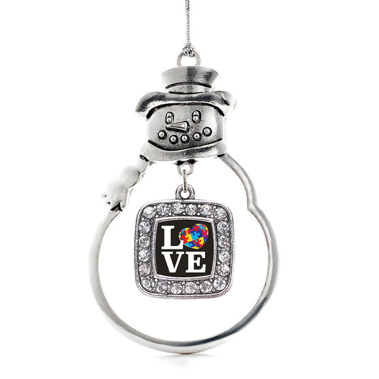 Silver Love Autism Awareness Square Charm Snowman Ornament