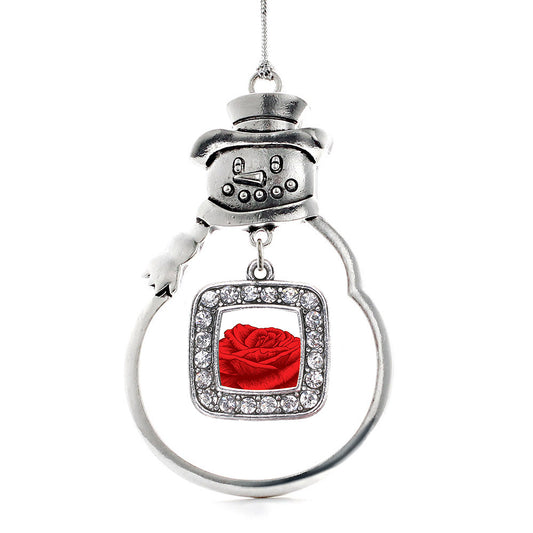 Silver Red Rose Square Charm Snowman Ornament