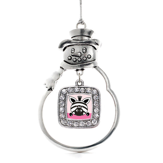 Silver Peeking Zebra Square Charm Snowman Ornament