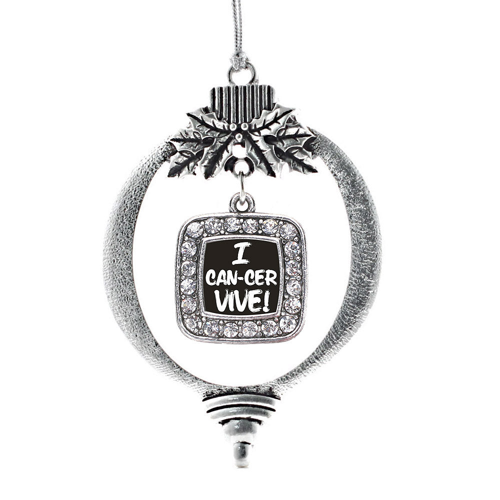 Silver I Can-Cer-Vive Square Charm Holiday Ornament