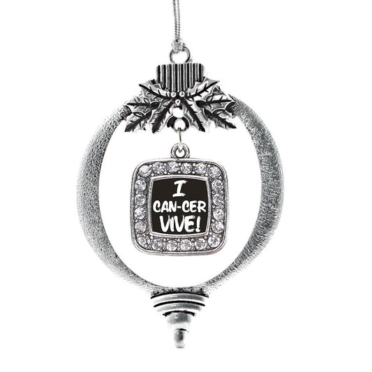Silver I Can-Cer-Vive Square Charm Holiday Ornament