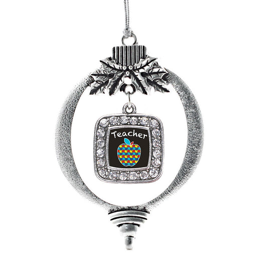 Silver Autism Apple Square Charm Holiday Ornament