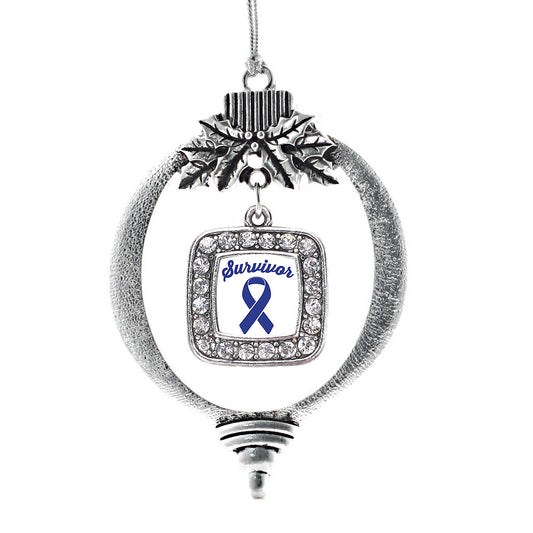 Silver Blue Ribbon Survivor Square Charm Holiday Ornament