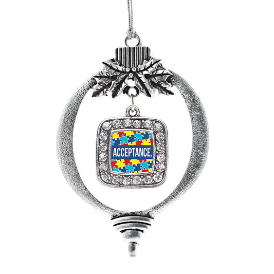 Silver Autism Acceptance Square Charm Holiday Ornament