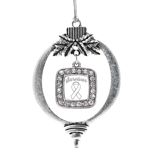 Silver White Ribbon Survivor Square Charm Holiday Ornament