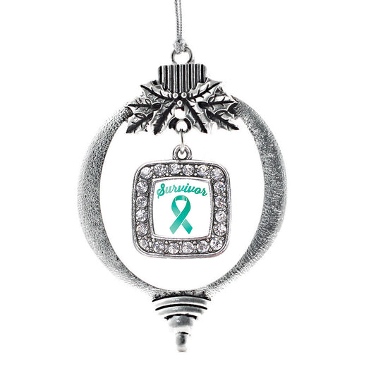 Silver Teal Ribbon Survivor Square Charm Holiday Ornament