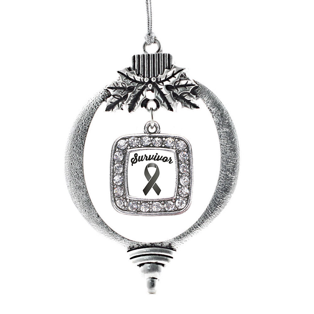 Silver Black Ribbon Survivor Square Charm Holiday Ornament