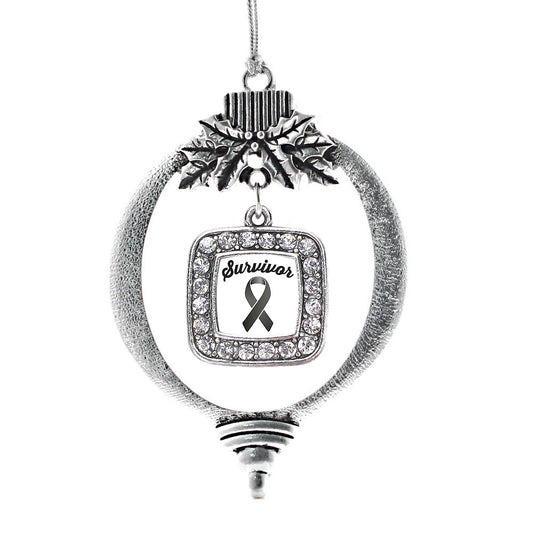 Silver Black Ribbon Survivor Square Charm Holiday Ornament
