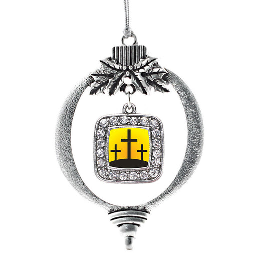Silver Three Crosses Square Charm Holiday Ornament