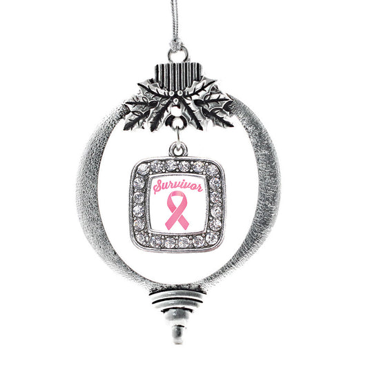 Silver Pink Ribbon Survivor Square Charm Holiday Ornament
