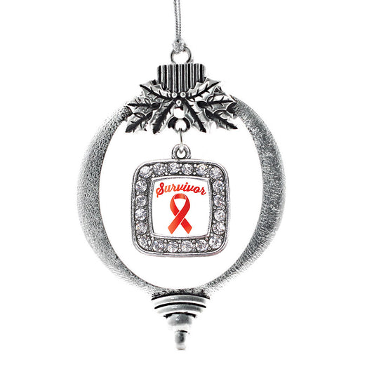 Silver Red Ribbon Survivor Square Charm Holiday Ornament