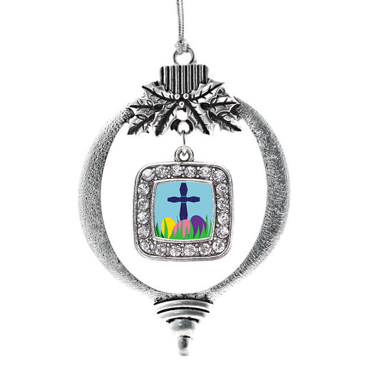 Silver Easter Cross & Eggs Square Charm Holiday Ornament