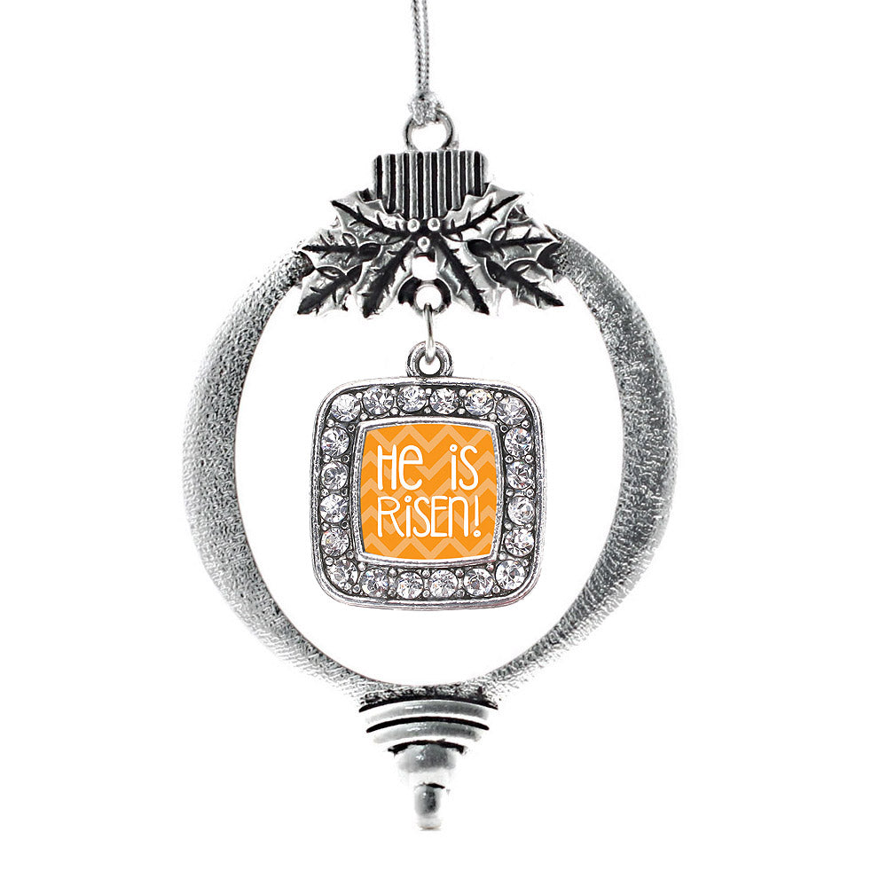 Silver He is Risen Orange Chevron Patterned Square Charm Holiday Ornament