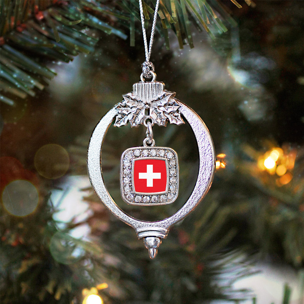 Silver Switzerland Flag Square Charm Holiday Ornament