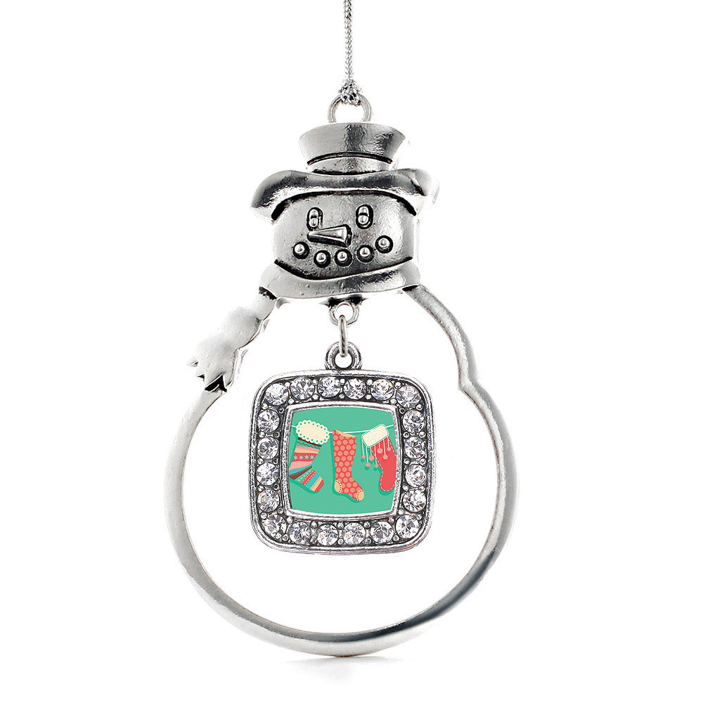 Silver Holiday Stockings Square Charm Snowman Ornament
