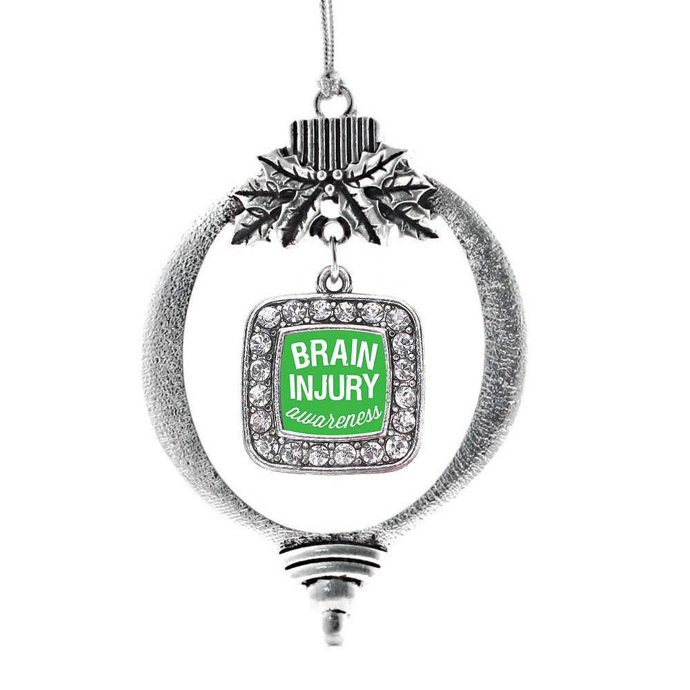 Silver Brain Injury Awareness Square Charm Holiday Ornament