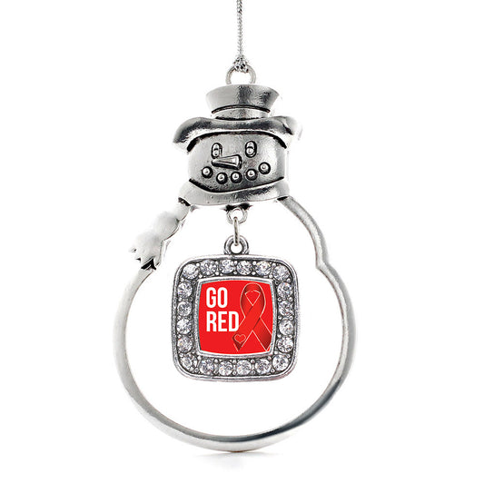Silver Go Red Heart Disease Awareness Square Charm Snowman Ornament