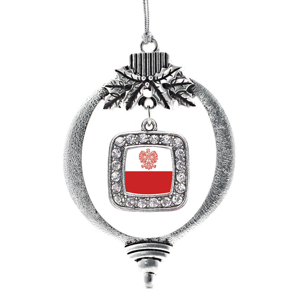 Silver Polish Flag Square Charm Holiday Ornament