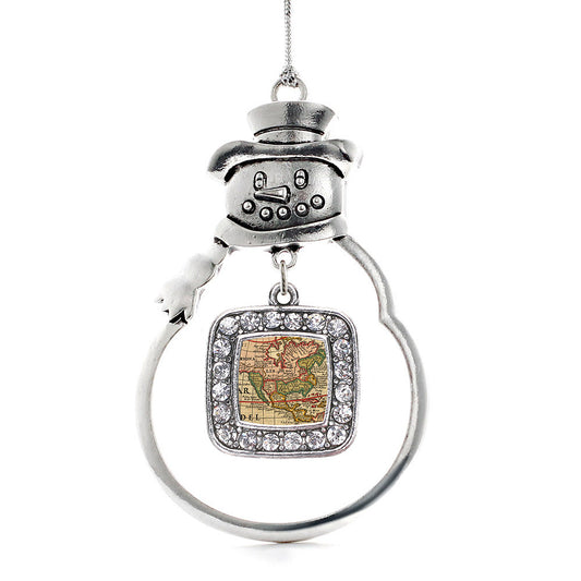 Silver Vintage Map Square Charm Snowman Ornament