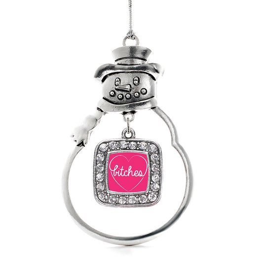 Silver Heart Bitches Square Charm Snowman Ornament