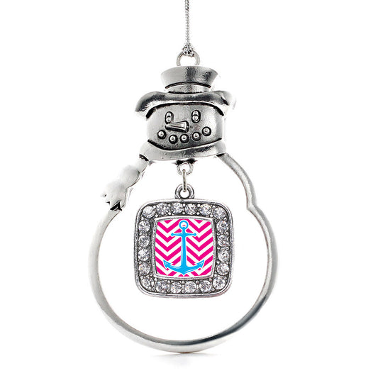 Silver Pink Chevron Blue Anchor Square Charm Snowman Ornament