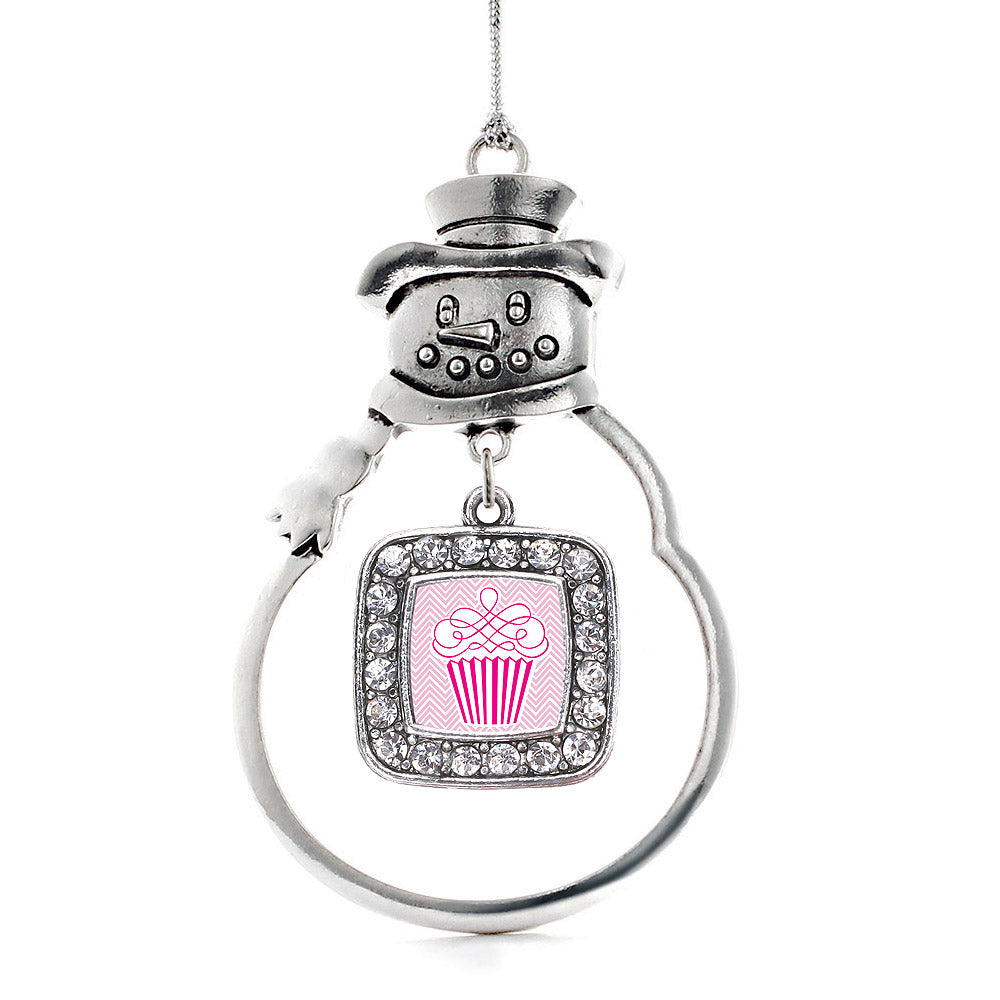 Silver Pink Chevron Cupcake Square Charm Snowman Ornament