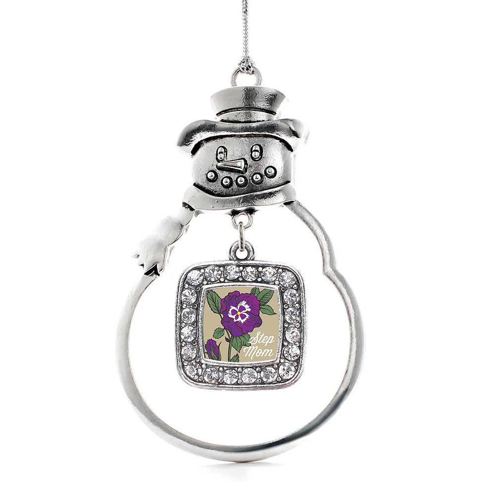 Silver Step Mom Pansy Square Charm Snowman Ornament