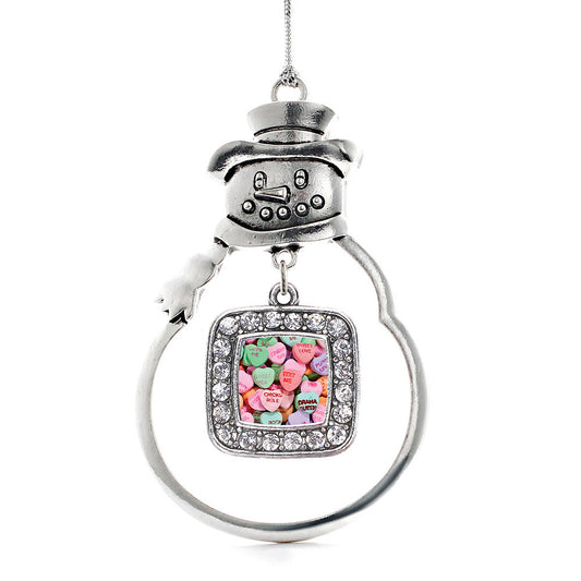 Silver Candy Hearts Square Charm Snowman Ornament