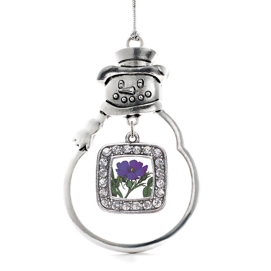 Silver Violet Flower Square Charm Snowman Ornament