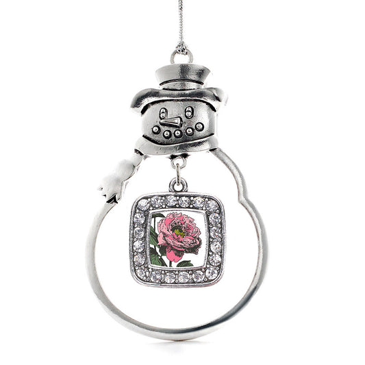 Silver Peony Flower Square Charm Snowman Ornament