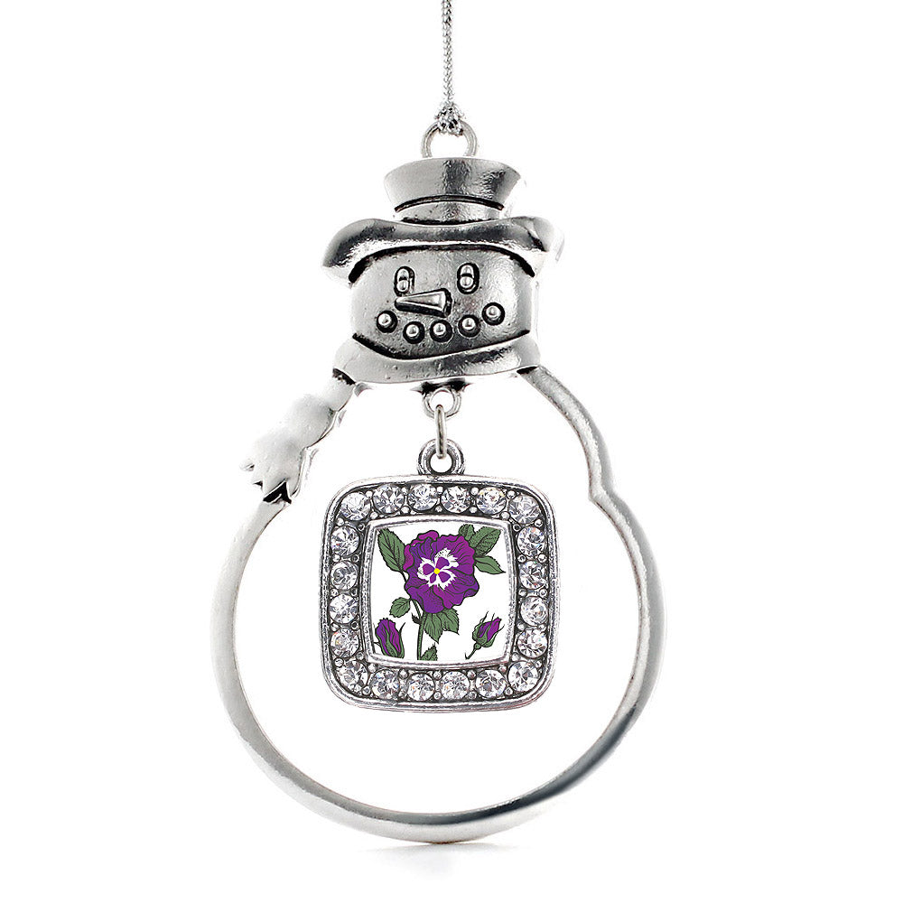 Silver Pansy Flower Square Charm Snowman Ornament