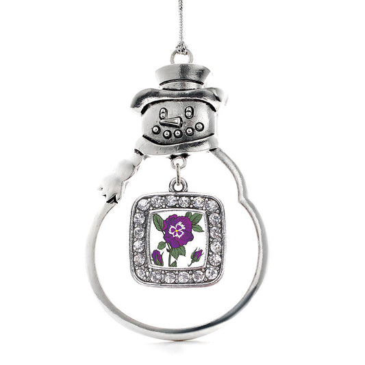 Silver Pansy Flower Square Charm Snowman Ornament