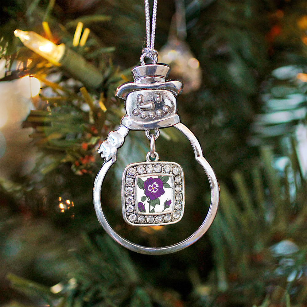 Silver Pansy Flower Square Charm Snowman Ornament