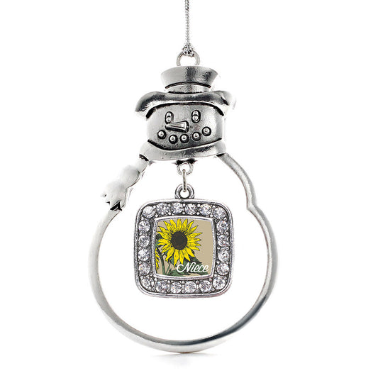Silver Niece Sunflower Square Charm Snowman Ornament