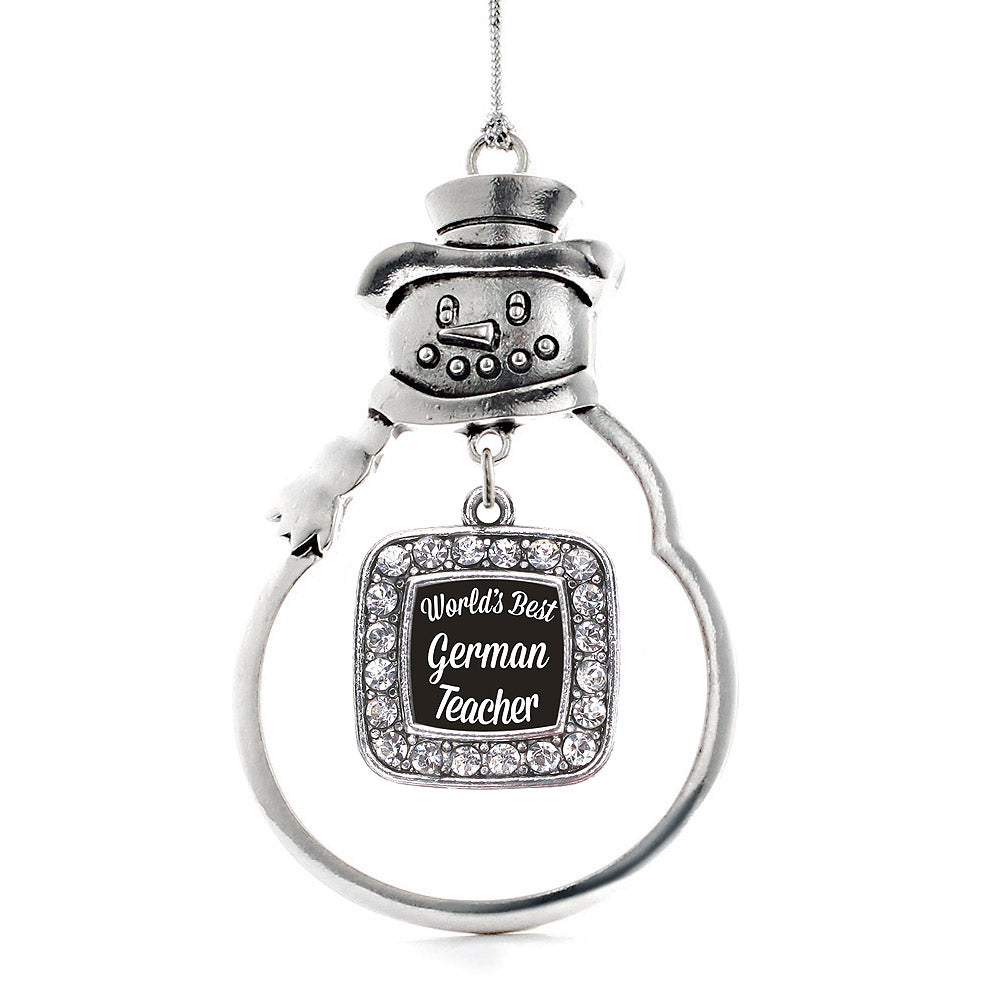 Silver World's Best German Teacher Square Charm Snowman Ornament