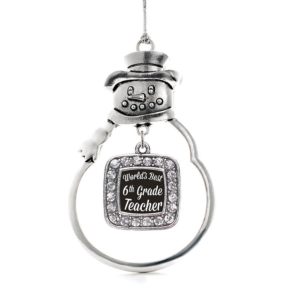 Silver World's Best 6th Grade Teacher Square Charm Snowman Ornament