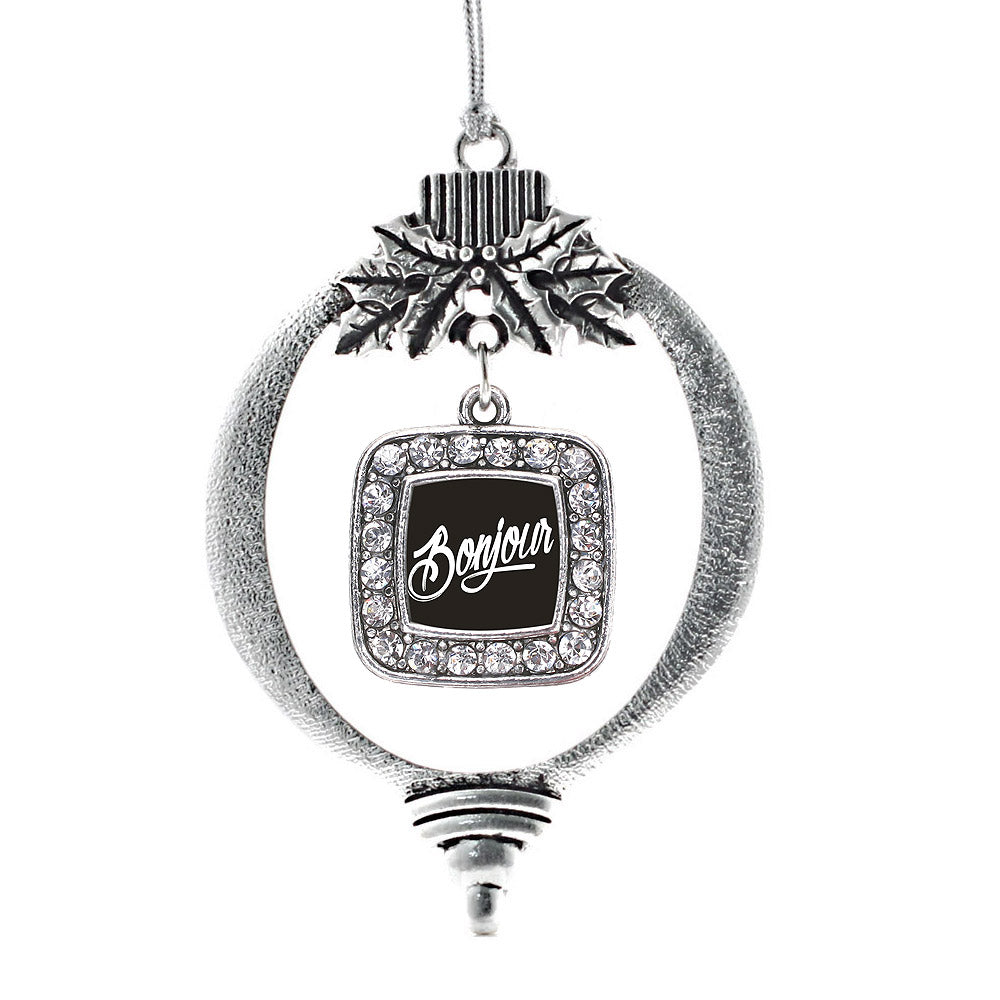 Silver Bonjour Square Charm Holiday Ornament