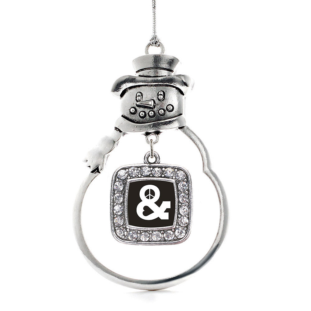 Silver Simply Peace And Love Square Charm Snowman Ornament
