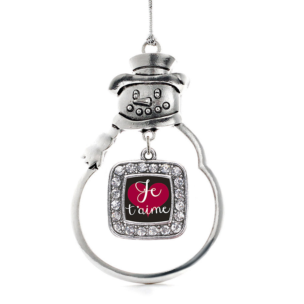 Silver Je T'aime Square Charm Snowman Ornament