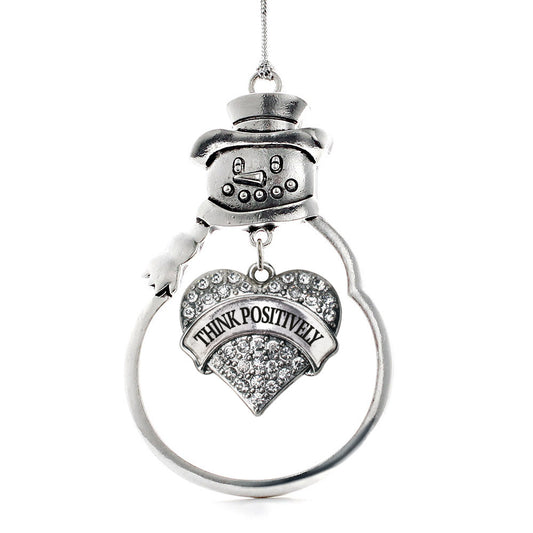 Silver Think Positively Pave Heart Charm Snowman Ornament