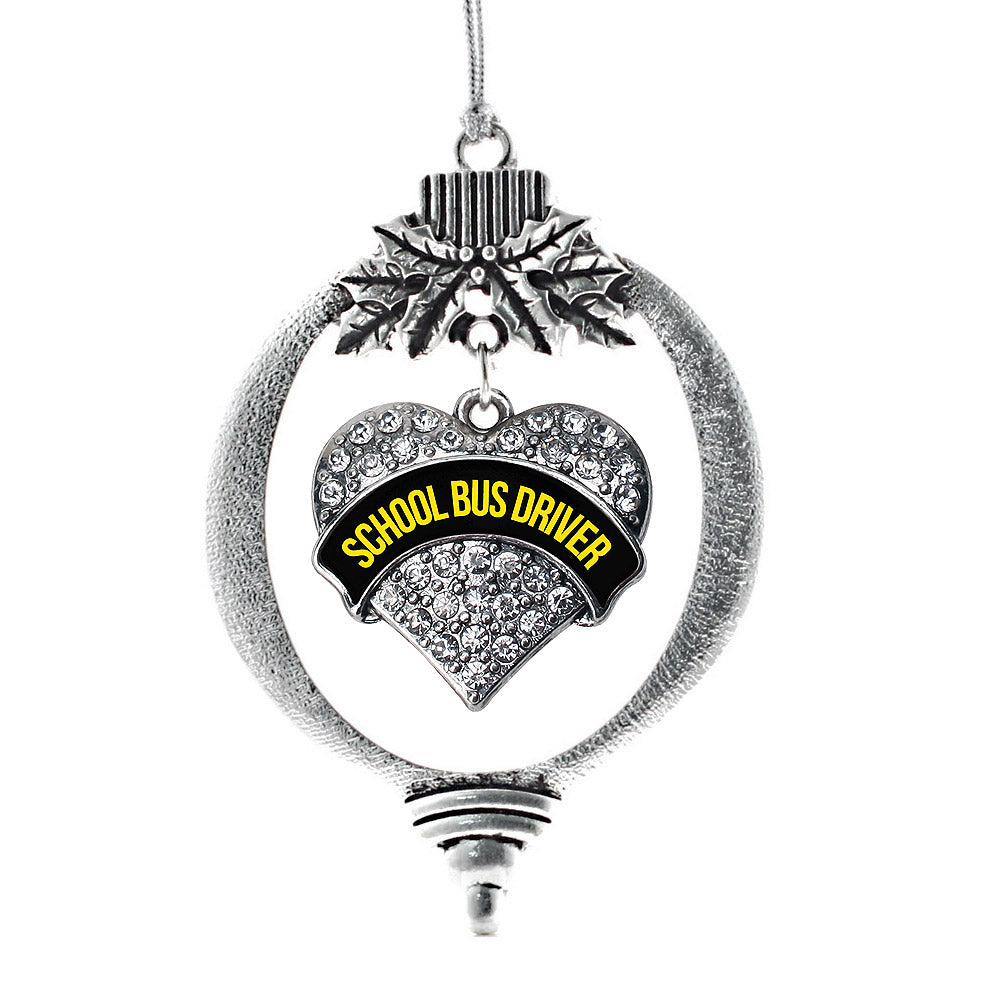 Silver Black and Yellow School Bus Driver Pave Heart Charm Holiday Ornament