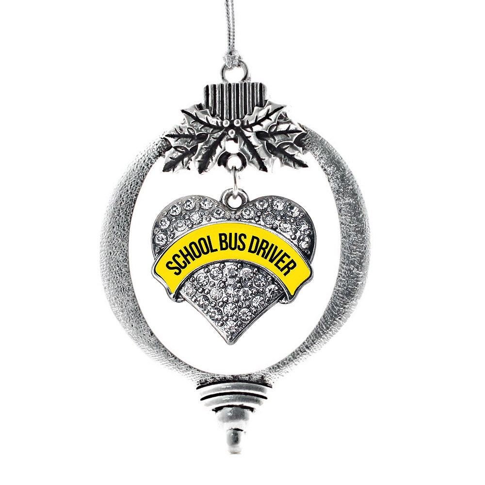 Silver Yellow and Black School Bus Driver Pave Heart Charm Holiday Ornament